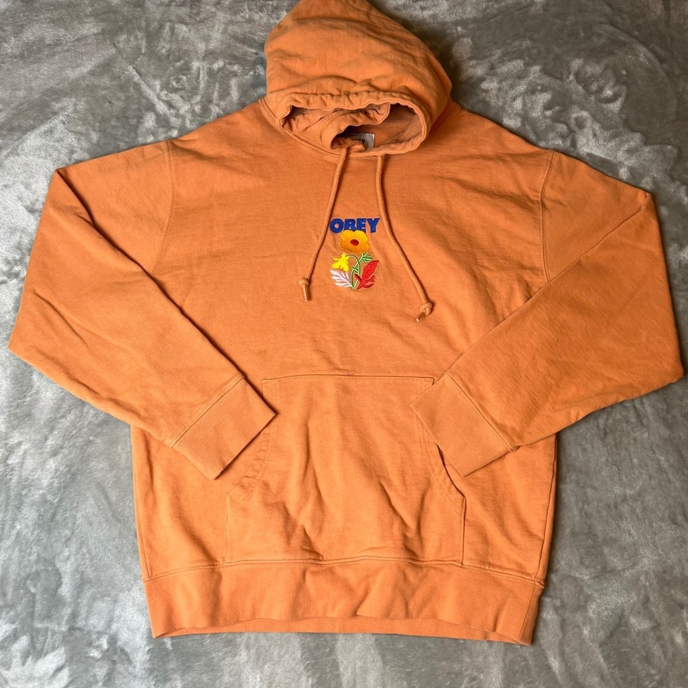 y2k OBEY Orange‎ Embroidered Floral Flower Hoodie Sweatshirt Men Large